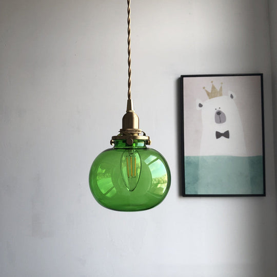 Retro Mini Hanging Light With Oval Green Glass Drop Pendant In Brass