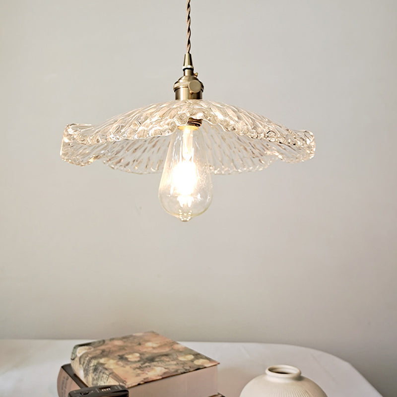 Lotus Leaf Pendant Lamp - Farmhouse Brass Clear Carved Glass Hanging Light For Dining Table
