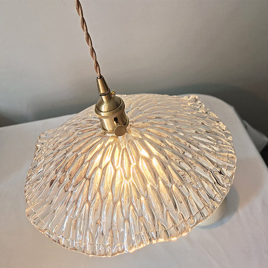 Lotus Leaf Pendant Lamp - Farmhouse Brass Clear Carved Glass Hanging Light For Dining Table