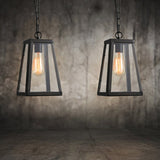 Industrial Style Hanging Lamp With Trapezoidal Clear Glass Shade In Black For Living Rooms