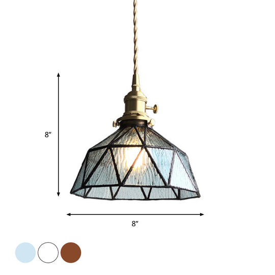 Blue/Clear Textured Glass Pendant With Brass Accents - Country Style Hanging Ceiling Light