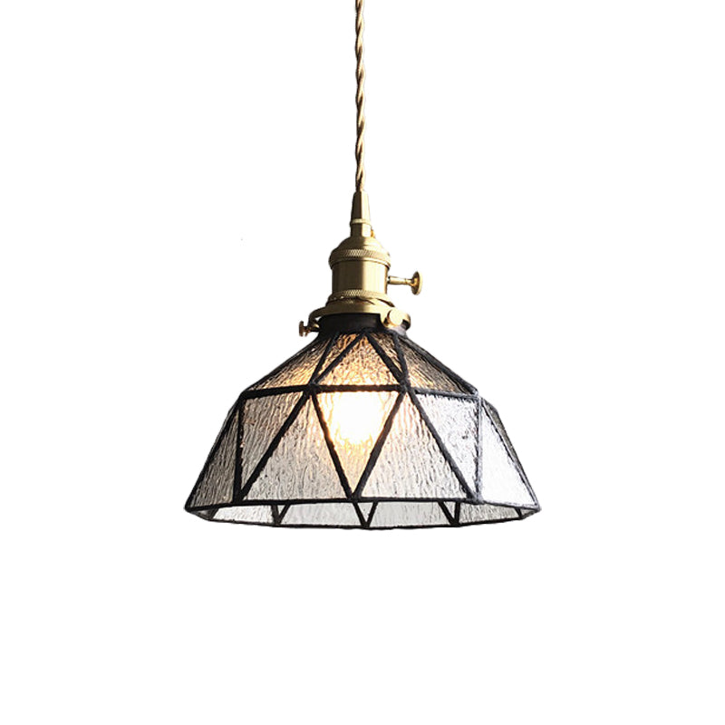 Blue/Clear Textured Glass Pendant With Brass Accents - Country Style Hanging Ceiling Light