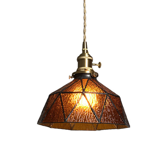 Blue/Clear Textured Glass Pendant With Brass Accents - Country Style Hanging Ceiling Light