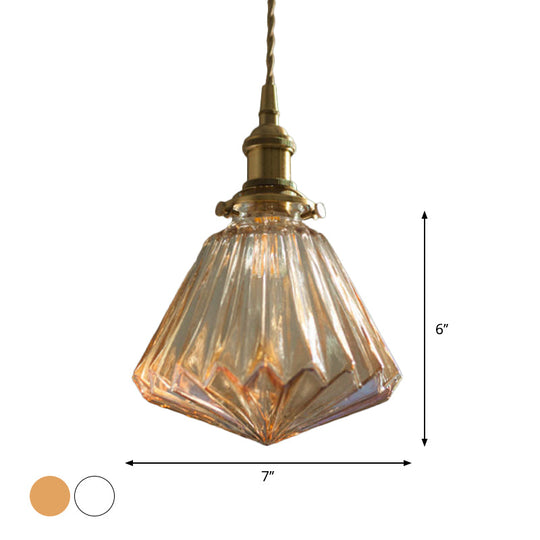 Rustic Brass 1-Light Pendant With Clear Glass Shade - Hanging Cone Drop Lamp