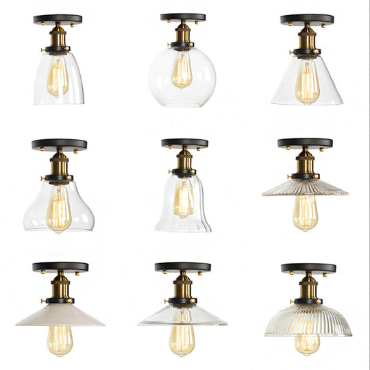 Mini Corridor Semi Flush Light Farmhouse Globe/Pear Ceiling Lamp – Clear Ribbed Glass Black &