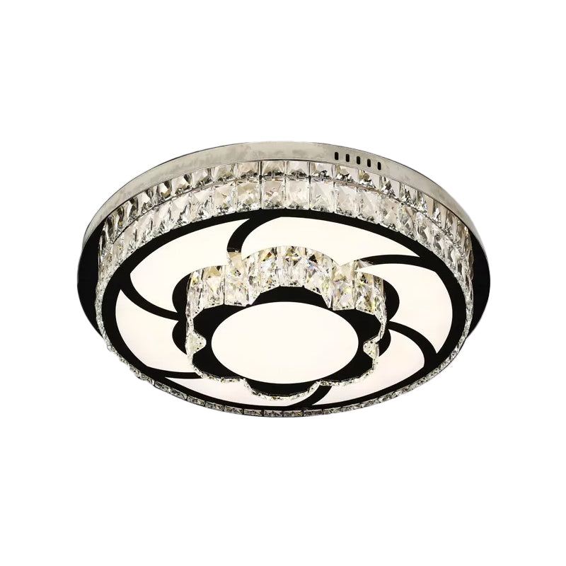 P Stainless - Steel Flushmount Light With Clear Faceted Crystal Shade - Flower/Round Design