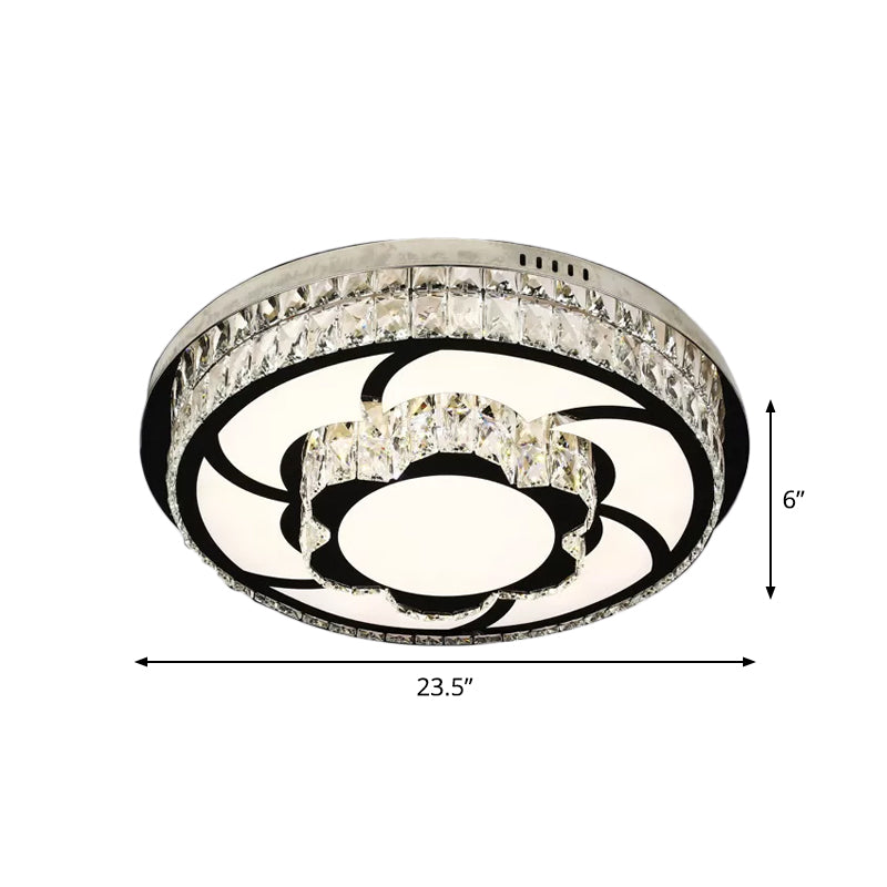 P Stainless - Steel Flushmount Light With Clear Faceted Crystal Shade - Flower/Round Design