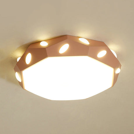 Kids Bedroom Octagon Shade Flush Ceiling Light With Leaf Macaron Design - Acrylic Led Lamp Pink