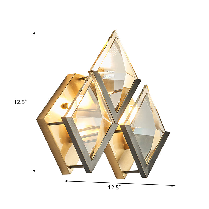 Modern Rhombus Wall Sconce Light With Clear Crystal And Metal Accents - 3 Lights Golden Finish