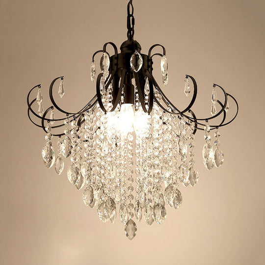 Glam Teardrop Pendant Light With Metal Curved Arm And Cascading Crystal Strands