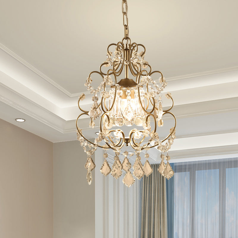 Curving Arm Crystal Chandelier With Lantern Design – Brass Finish & Draping