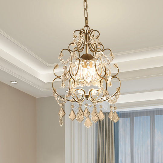 Curving Arm Crystal Chandelier With Lantern Design – Brass Finish & Draping