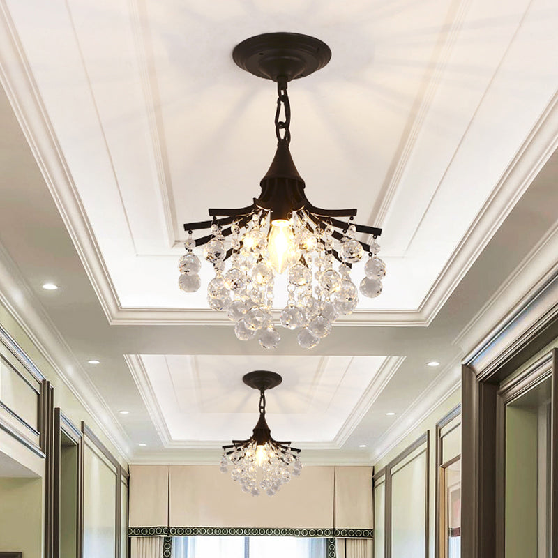 Metal Chandelier With Crystal Drop And Bare Bulb Design