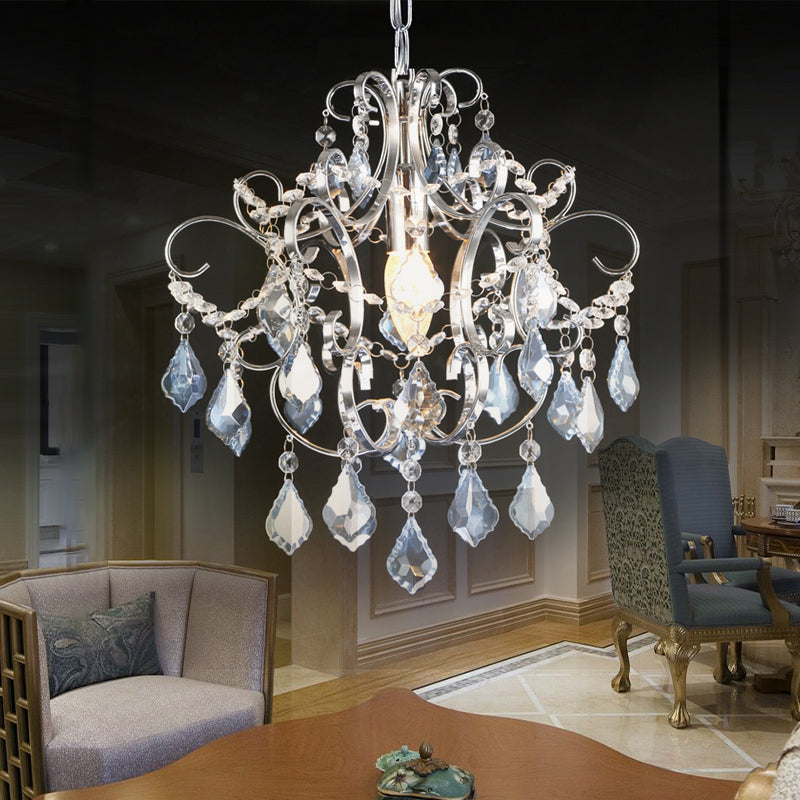 Polished Chrome Crystal Chandelier With Curved Arms
