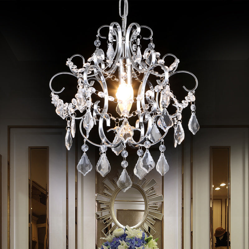 Curved Arm Crystal Drops Chandelier In Polish Chrome Finish
