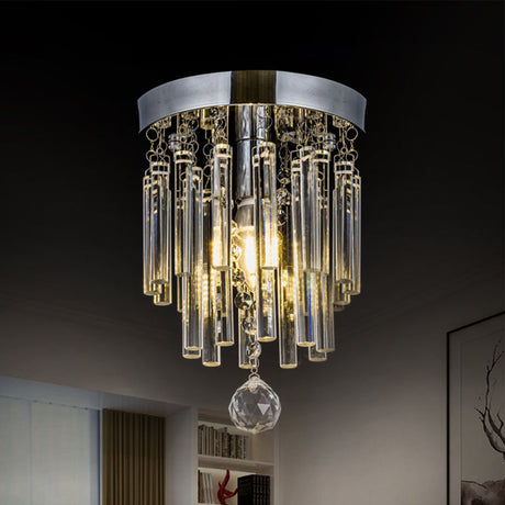 Round Chrome Crystal Bar Flush Mount Ceiling Light - Bare Bulb Flushmount