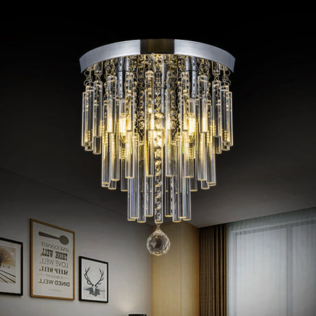 Round Chrome Crystal Bar Flush Mount Ceiling Light - Bare Bulb Flushmount