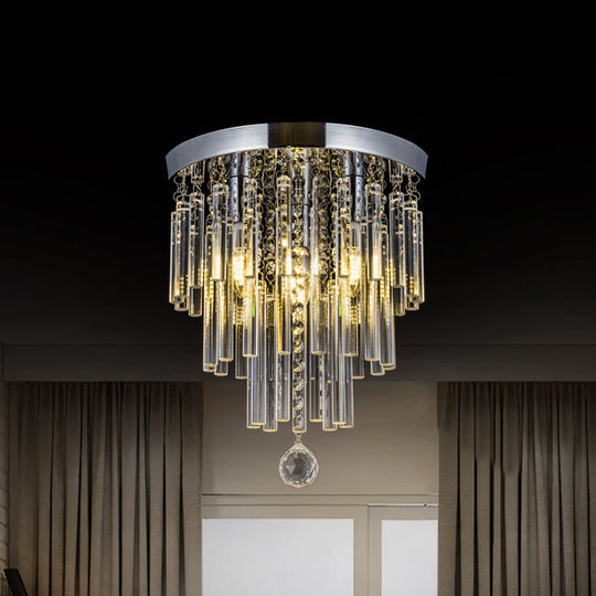 Round Chrome Crystal Bar Flush Mount Ceiling Light - Bare Bulb Flushmount