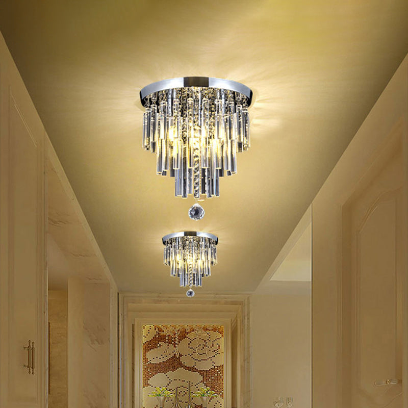 Round Chrome Crystal Bar Flush Mount Ceiling Light - Bare Bulb Flushmount
