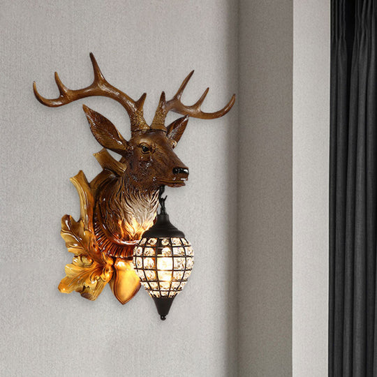 Metal Deer Wall Sconce With Crystal Mesh Cone Shade - Traditional Light Camel