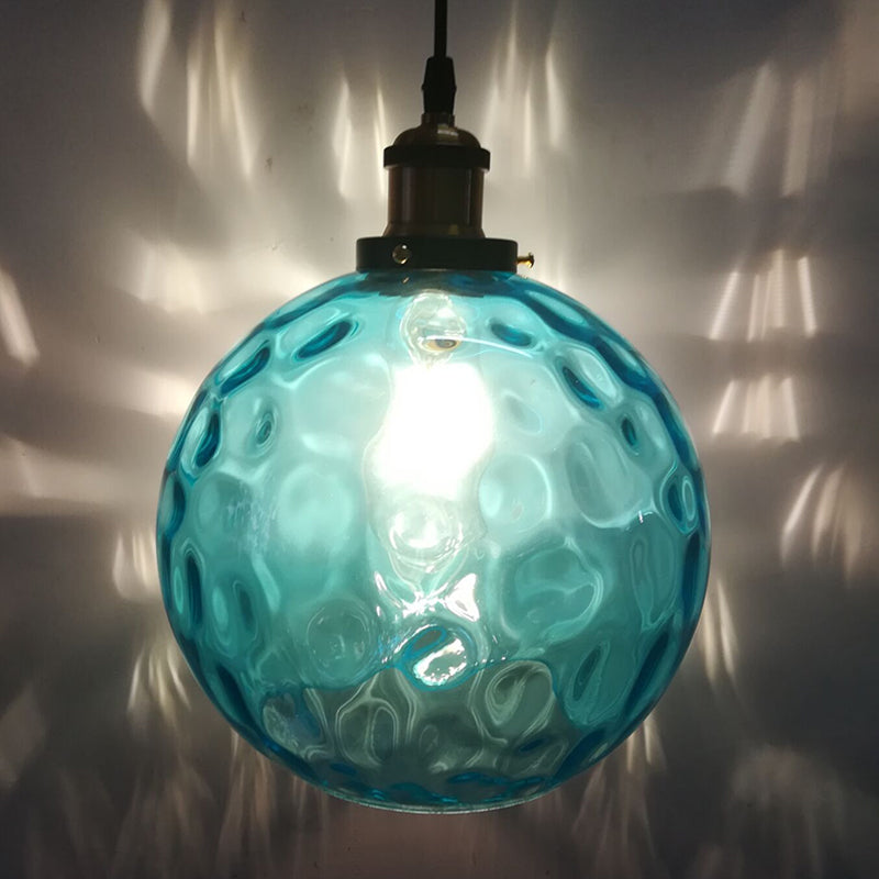 Industrial Globe Pendant Light - Blue Dimpled Glass Hanging Lamp (8’/10’/12’ Wide)