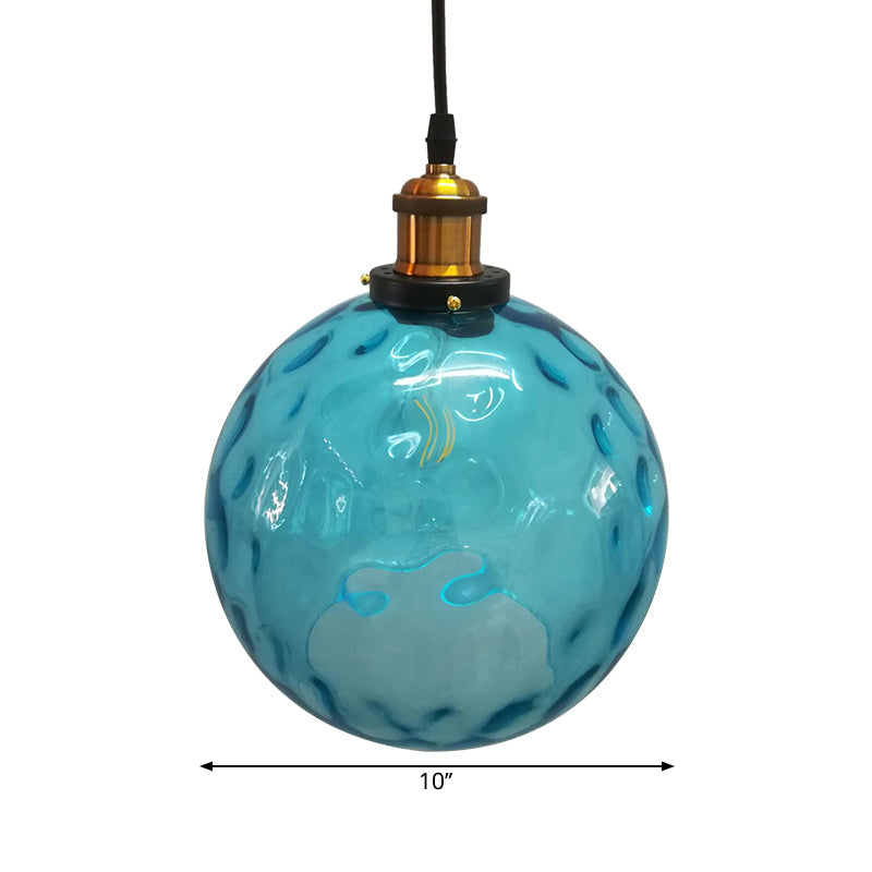 Industrial Globe Pendant Light - Blue Dimpled Glass Hanging Lamp (8’/10’/12’ Wide)