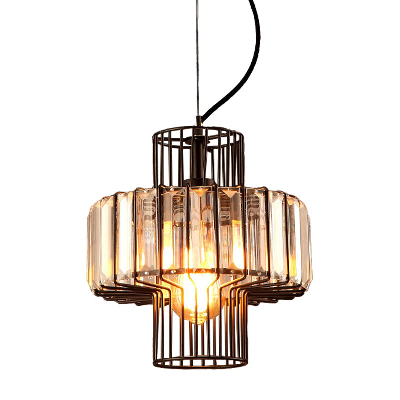 Minimalist Crystal Lantern Pendant With Metal Cage: 1 Head Black 10’/12.5’ Width