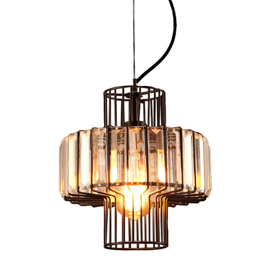 Minimalist Crystal Lantern Pendant With Metal Cage: 1 Head Black 10’/12.5’ Width