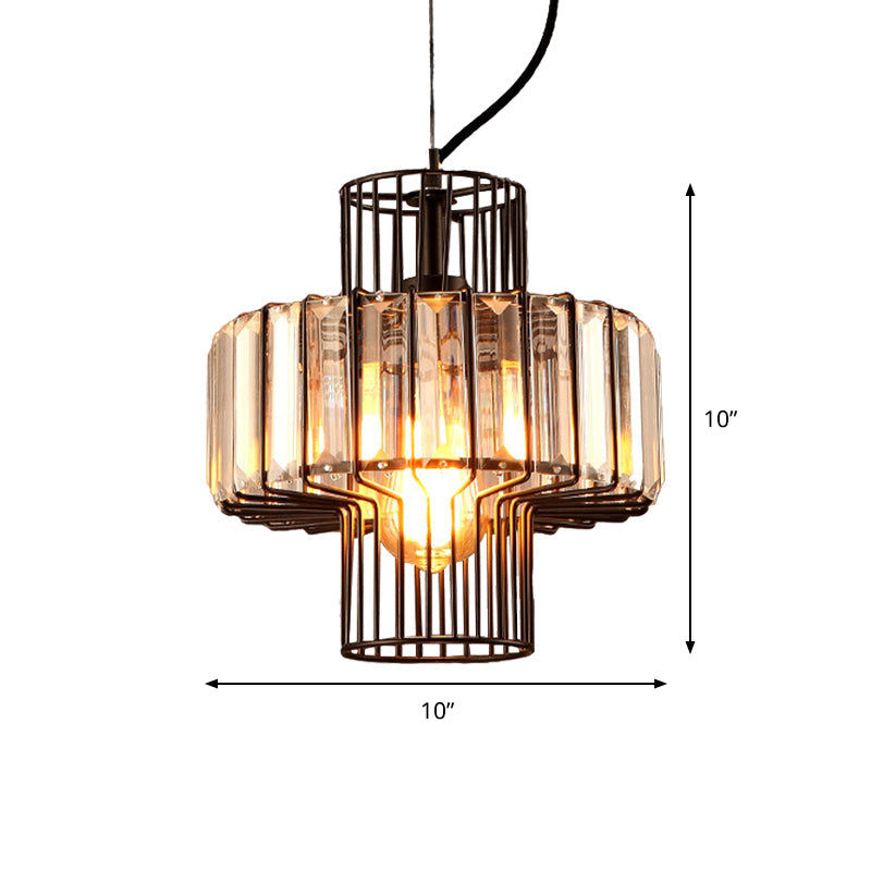 Minimalist Crystal Lantern Pendant With Metal Cage: 1 Head Black 10’/12.5’ Width