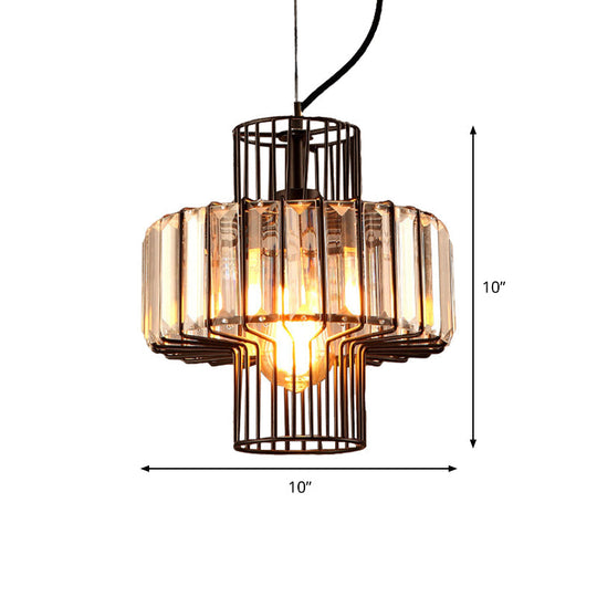 Minimalist Crystal Lantern Pendant With Metal Cage: 1 Head Black 10’/12.5’ Width