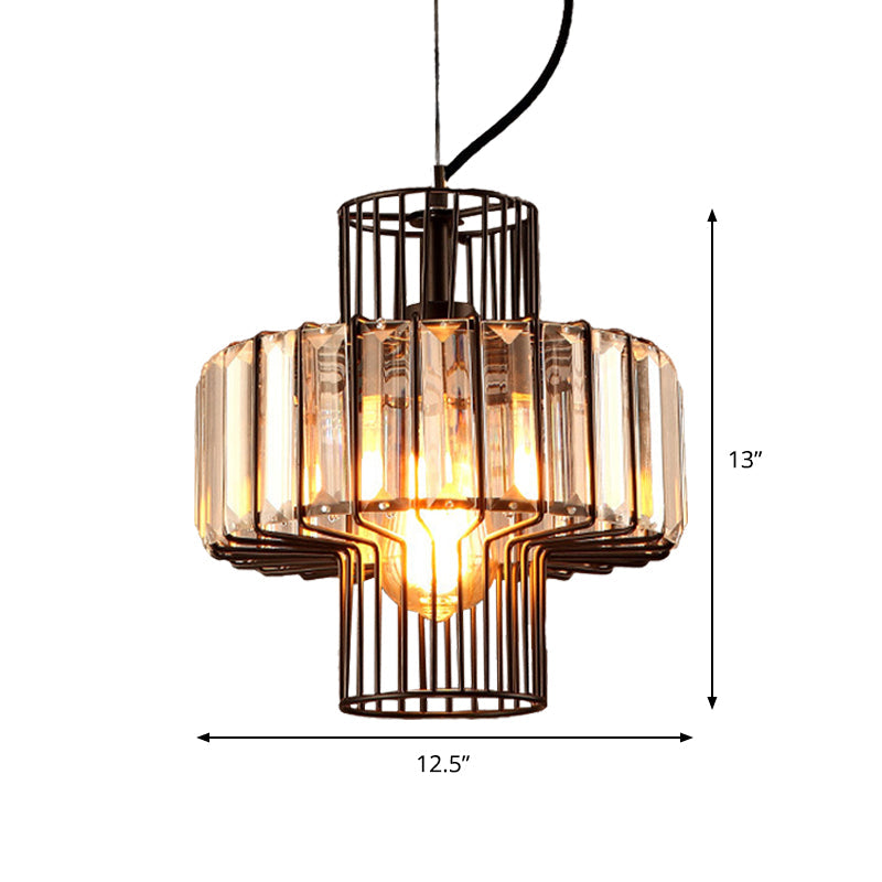 Minimalist Crystal Lantern Pendant With Metal Cage: 1 Head Black 10’/12.5’ Width