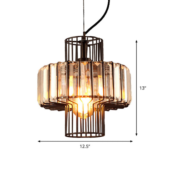 Minimalist Crystal Lantern Pendant With Metal Cage: 1 Head Black 10’/12.5’ Width