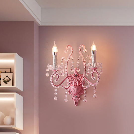 Modern Metallic Scroll Arm Wall Lamp With Crystal Orb Deco Pink