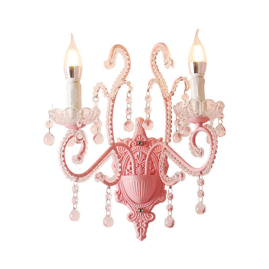 Modern Metallic Scroll Arm Wall Lamp With Crystal Orb Deco Pink