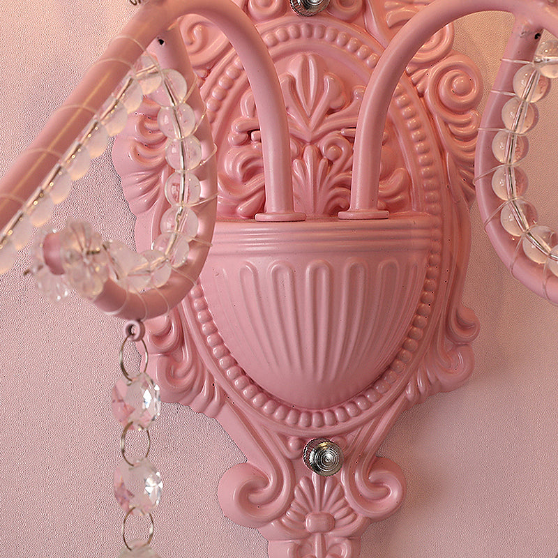 Modern Metallic Scroll Arm Wall Lamp With Crystal Orb Deco Pink