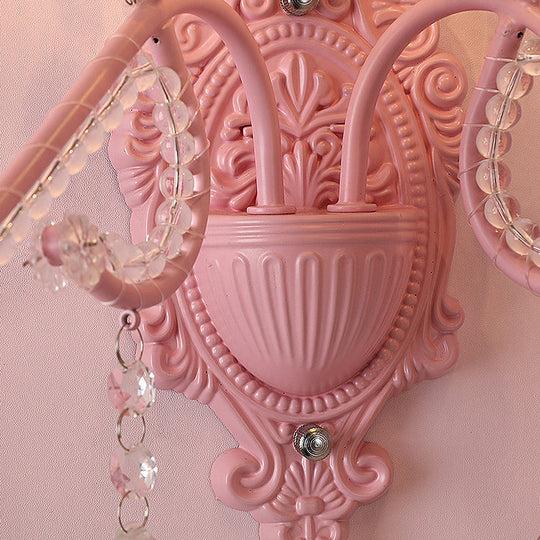 Modern Metallic Scroll Arm Wall Lamp With Crystal Orb Deco Pink