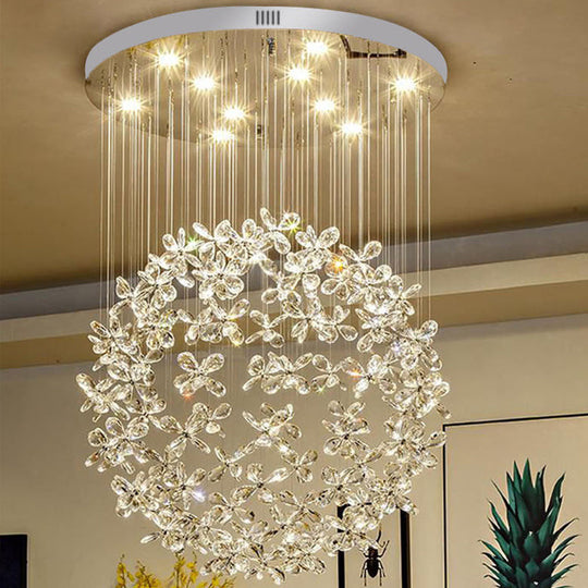 Modern Clear Crystal Sphere Flush Light - 16’/19.5’ W Nickel Ceiling Fixture With 9 Lights