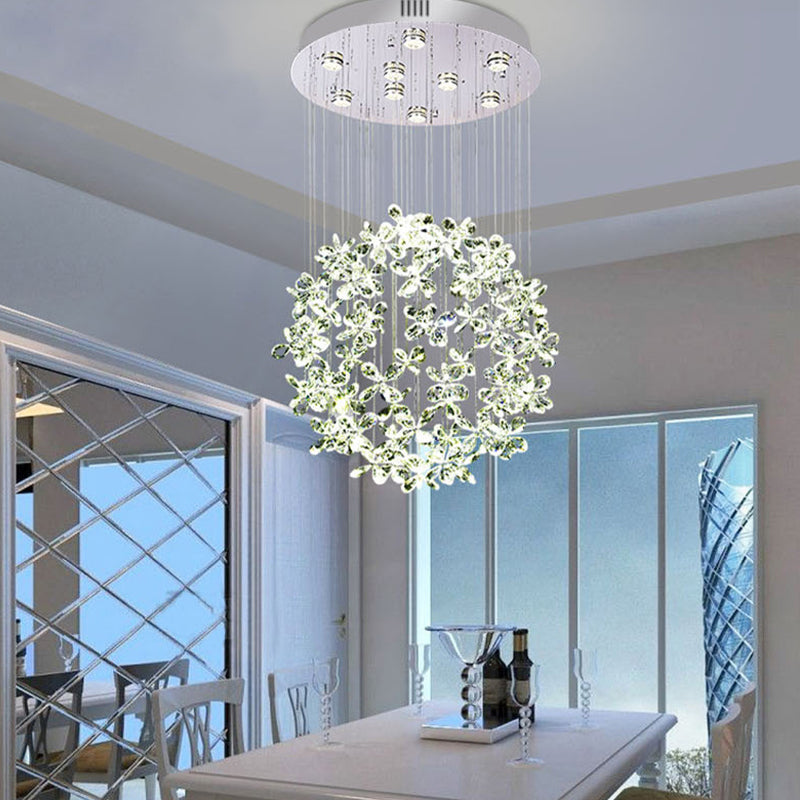 Modern Clear Crystal Sphere Flush Light - 16/19.5 W Nickel Ceiling Fixture With 9 Lights Dining Room