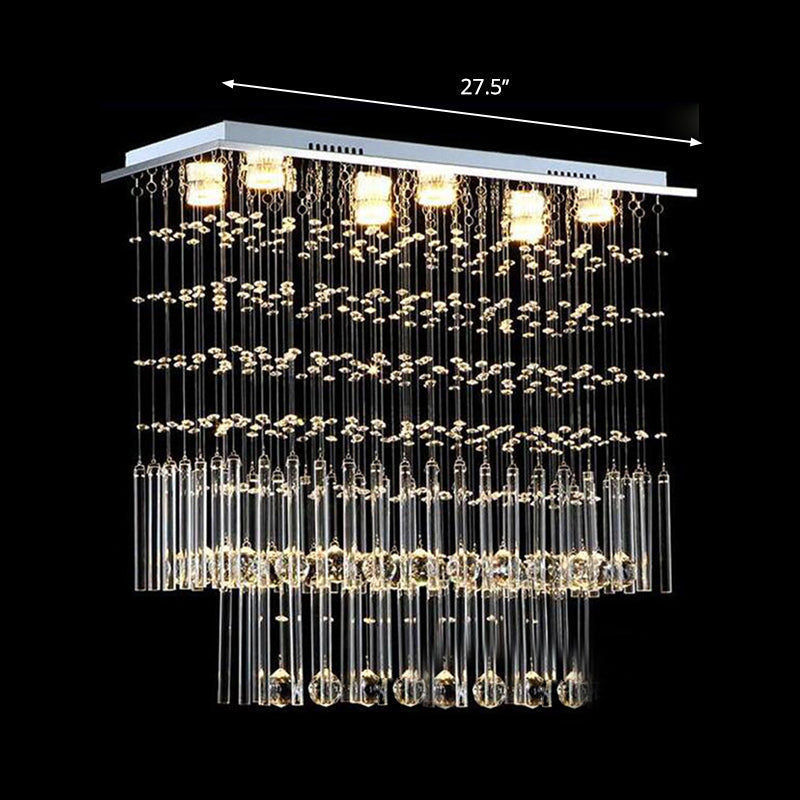 Crystal Cascade Flush Light Simple 6-Light Nickel Fixture - Perfect For Restaurants