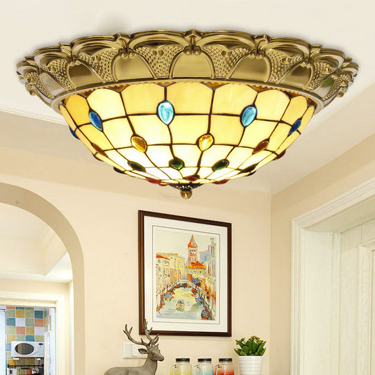 Lattice Bowl Flushmount Led Stained Glass Tiffany Style Ceiling Fixture In Brass Various Sizes