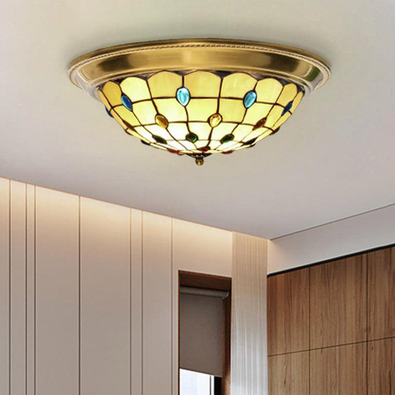 Lattice Bowl Flushmount Led Stained Glass Tiffany Style Ceiling Fixture In Brass Various Sizes / 16