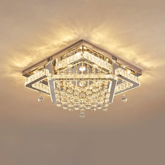 Square Crystal Led Ceiling Flush Mount Light Warm/White 18’/23.5’ Width