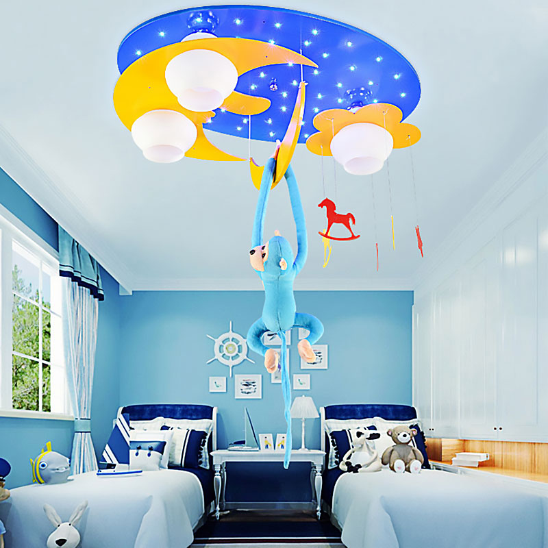 Decorative Metal Moon & Star Ceiling Light For Child’s Bedroom With Hanging Monkey