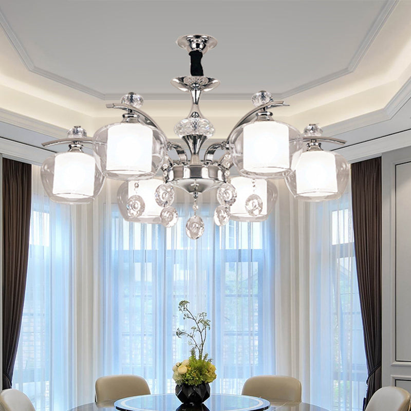 Global Clear Glass Chrome Chandelier With Crystal Strands - 6-Light Down Lighting Lamp