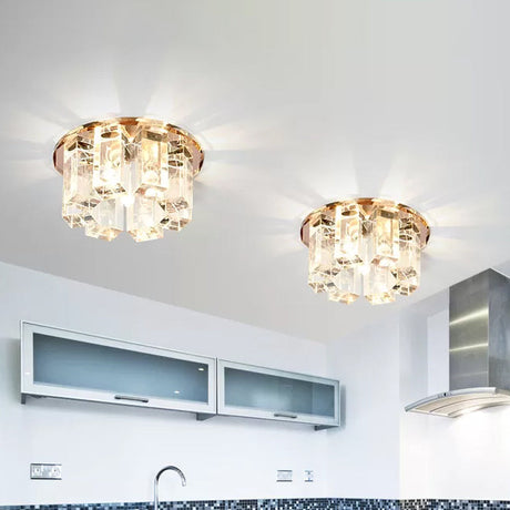 Blue/Gold/Tan Crystal Led Flush Mount Light With Round Design - Warm/White Lighting