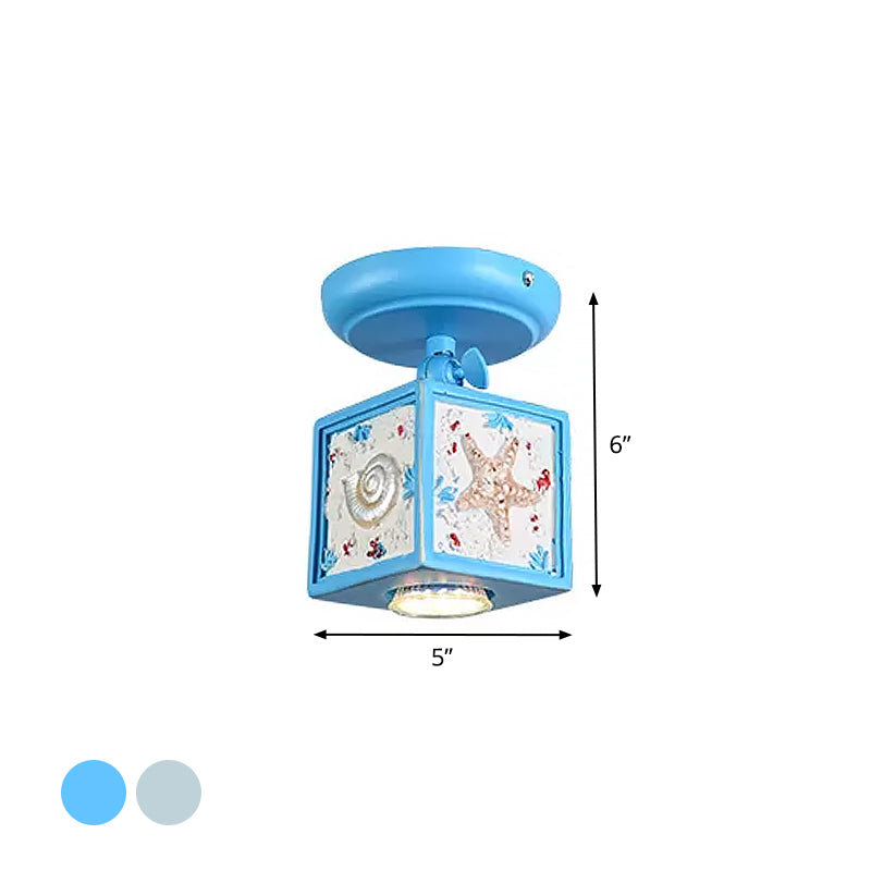 Cartoon Resin 1/2 - Head Light/Sky Blue Ceiling Lamp - Cube Semi Mount With Conch Deco