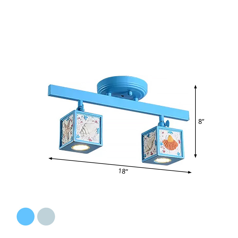 Cartoon Resin 1/2 - Head Light/Sky Blue Ceiling Lamp - Cube Semi Mount With Conch Deco