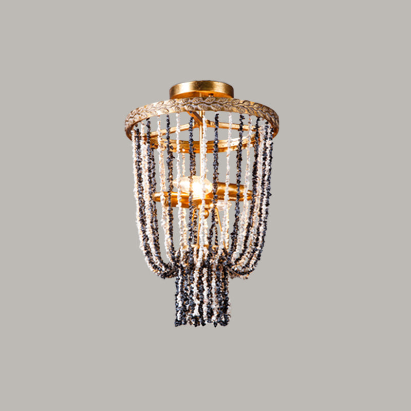 Antiqued Metal 2 - Light Brass Flushmount: Basket Dining Room Lighting With Stone Chain