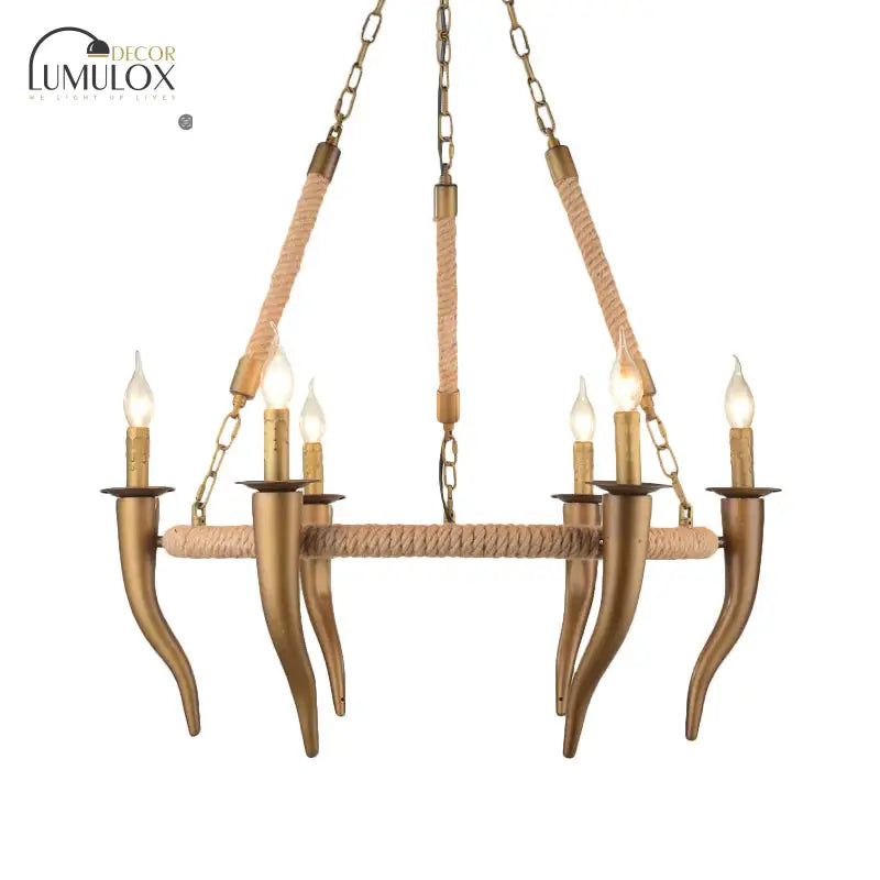 Rustic Wrapped Wagon Wheel Ceiling Pendant 3/6-Light Khaki Metallic Chandelier Light With Ox Horn