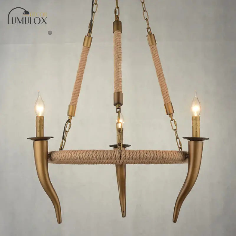 Rustic Wrapped Wagon Wheel Ceiling Pendant 3/6-Light Khaki Metallic Chandelier Light With Ox Horn